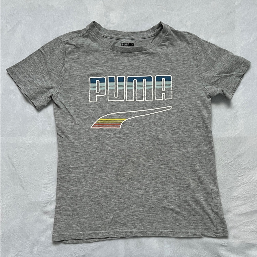 Boys Puma Gray Tee with Striped Rainbow Logo M (10-12)